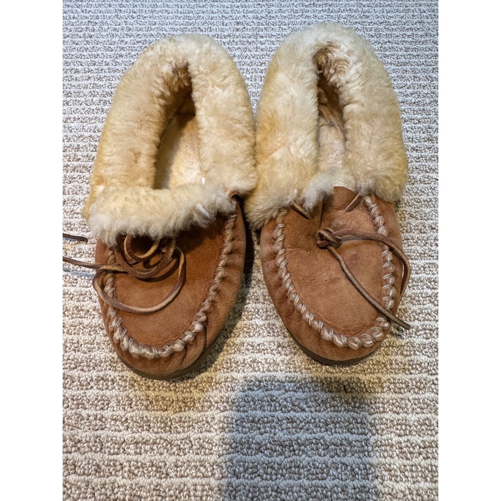 LL Bean Wicked Good‎ Moccasins Womens 8 Brown Suede Shearling Slippers 130484